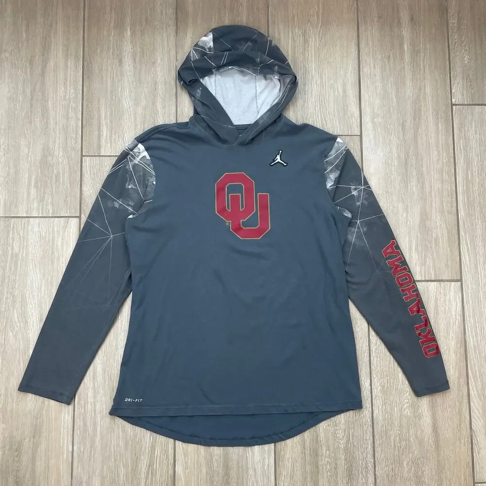Jordan Oklahoma Sooners Hoodie Mens L Gray Dri Fit Long Sleeve OU Football